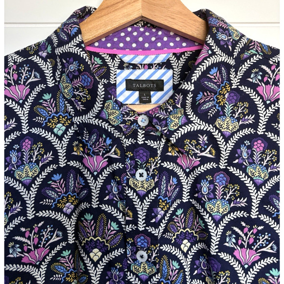 TALBOTS Modern Classic Button Front Shirt Scalloped Floral Cotton Striped Cuff L - Picture 2 of 16